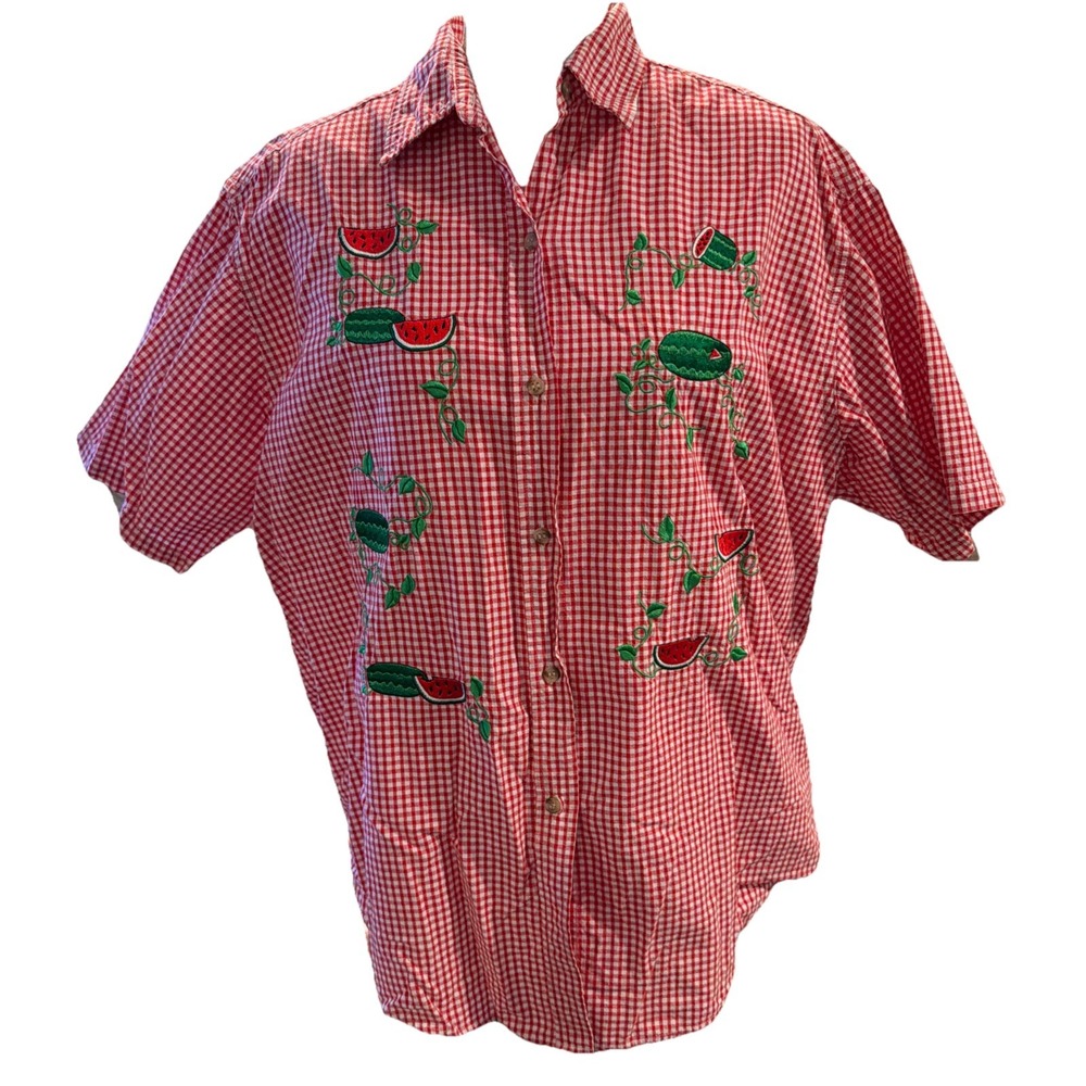Vtg  90s Mandal Bay Gingham Embroidered Fruit Shirt‎ Size L/XL watermelon Picnic